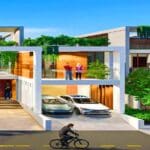 Modern house with cars and cyclist outside.