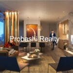 Modern living room with stylish furniture and lighting.