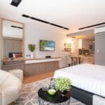 Modern studio apartment with stylish interior design.
