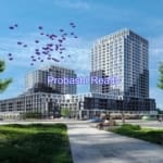 Modern building with balloons in blue sky.