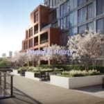 Modern rooftop garden with cherry blossoms.