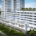 Modern multi-story residential building with greenery.