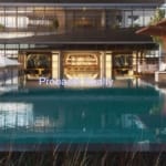 Luxurious poolside view with modern architecture.