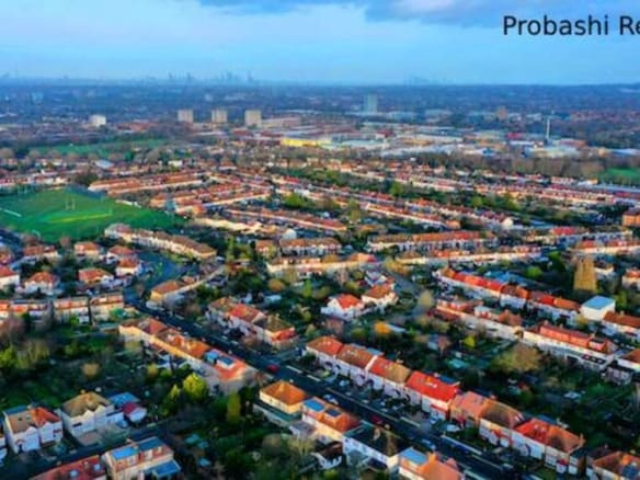Aerial view of suburban neighborhood landscape.