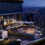 Rooftop terrace with city skyline view.
