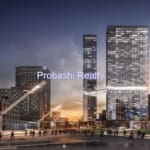 City skyline at dusk with skyscrapers.