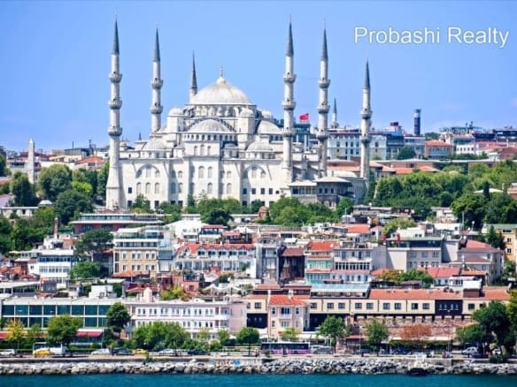 Mosque and cityscape by the waterfront.