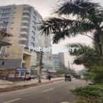 Street view with tall buildings and trees.