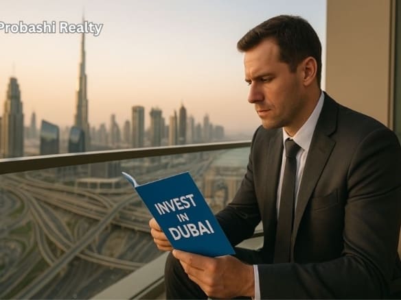 Man reading "Invest in Dubai" brochure on balcony.