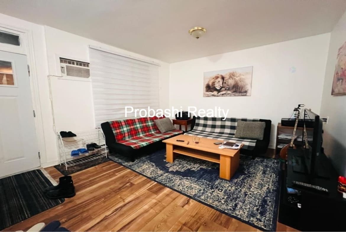 Cozy living room with a dark rug and wooden floor.