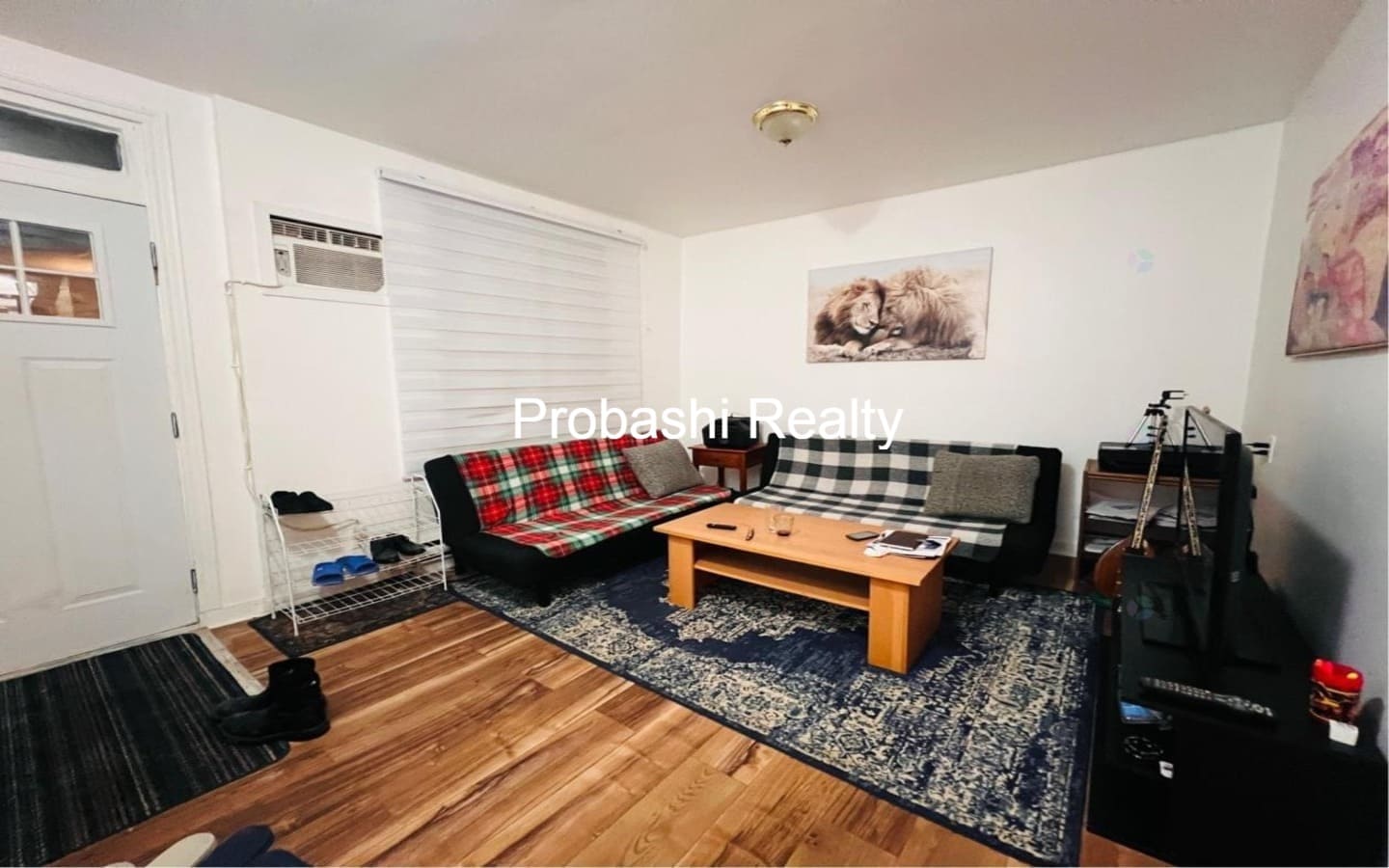 Cozy living room with a dark rug and wooden floor.